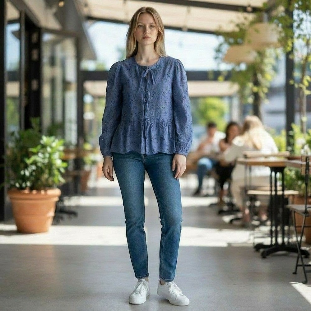 KIRUNDO Eyelet Tie Front Blouse Women Small Blue Cotton Cottagecore Peplum Top